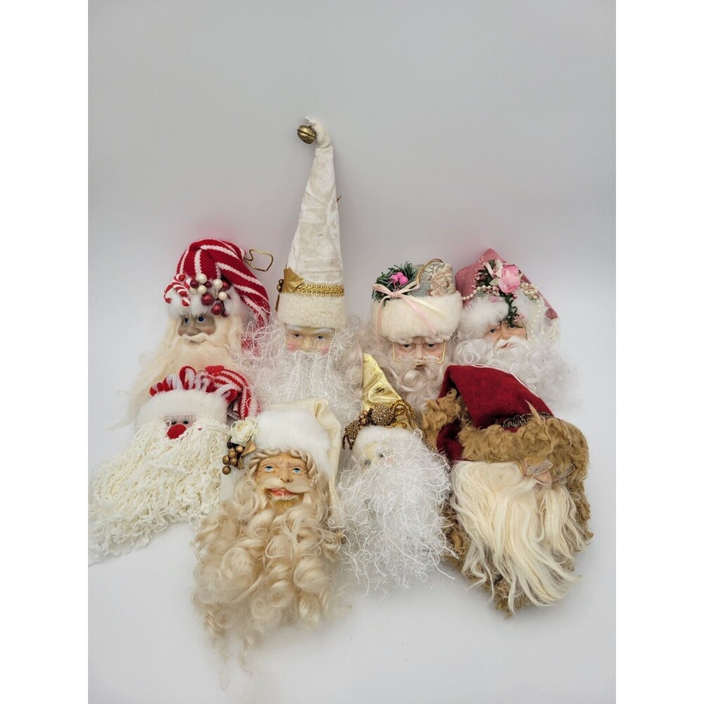 Santa Head Ornament Collectionโ Lot Of 8 Rubber, Ceramic, Plastic variety